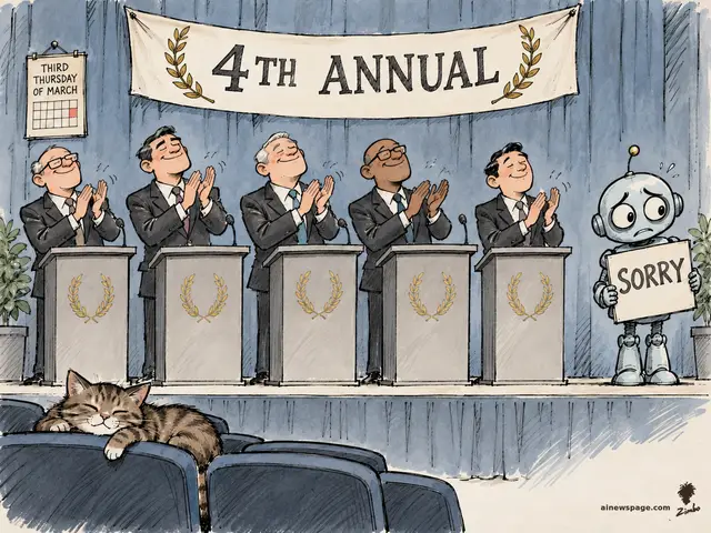 Editorial cartoon: five CEOs applaud at podiums under a '4TH ANNUAL' banner while a worried robot holds a 'SORRY' card; a tabby cat sleeps through it in the front row.