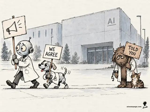 Satirical cartoon: a picket line outside a building labeled AI — a worried robot in a lab coat holds a megaphone sign, a cheerful robot dog holds a WE AGREE sign, and a shaggy horned beast with a broken chain on its wrist holds a TOLD YOU sign beside a tabby cat.