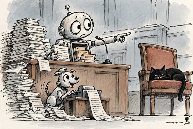 Satirical cartoon: a worried robot on a witness stand points a metal finger across the courtroom at an empty chair where a black cat sleeps; a cheerful robot dog types transcripts on a typewriter amid towering stacks of paper.