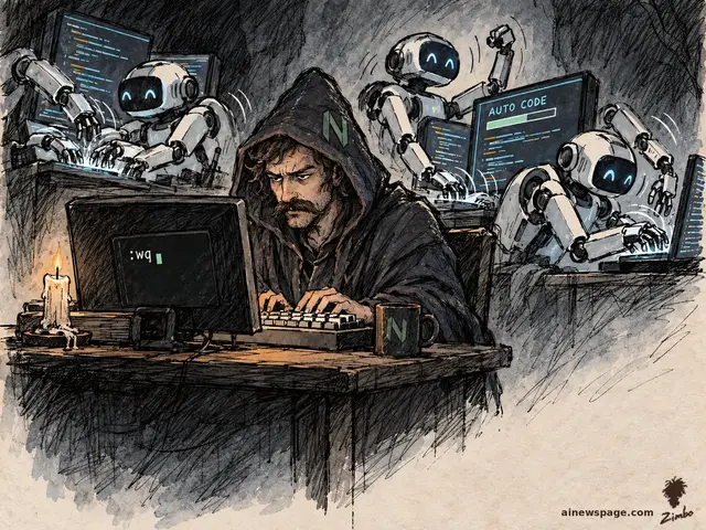 Satirical cartoon: a hooded wizard glares unimpressed as he types ':wq' at a candlelit desk with a Neovim mug, while cheerful robot arms code furiously on glowing 'AUTO CODE' screens all around him.