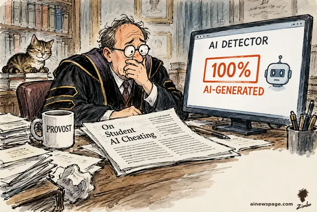 Satirical cartoon: a shocked university provost in academic robes stares at a monitor stamped 'AI DETECTOR — 100% AI-GENERATED' in red; his essay 'On Student AI Cheating' lies on the desk by a 'PROVOST' mug while a smug tabby cat watches knowingly from the books.