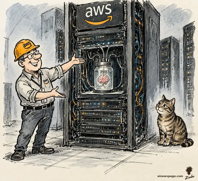Editorial cartoon: a proud AWS engineer in a hard hat unveils a server rack with a rat brain in a glass jar wired into it, while a brown tabby cat watches with professional interest.
