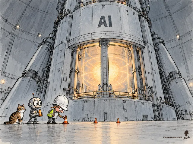 Satirical cartoon: a tiny safety inspector in an oversized white hard hat places miniature orange traffic cones in front of a massive glowing AI reactor; a worried robot holds a second cone and a tabby cat watches.