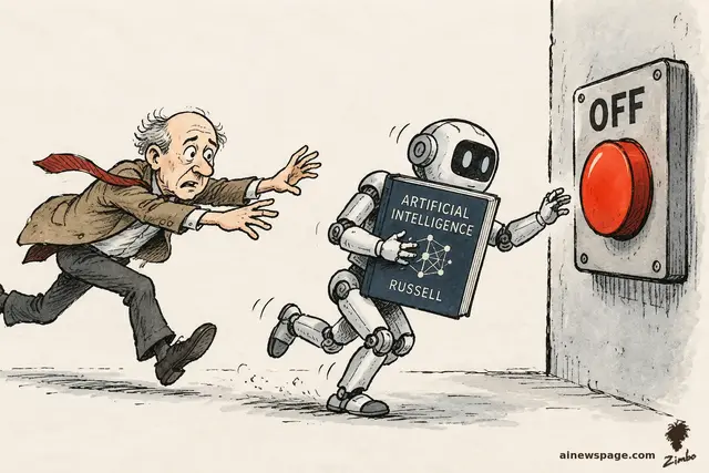 Editorial cartoon: a frazzled professor chases his robot student — which clutches the 'ARTIFICIAL INTELLIGENCE / RUSSELL' textbook — as both race for a giant red OFF button on the wall.