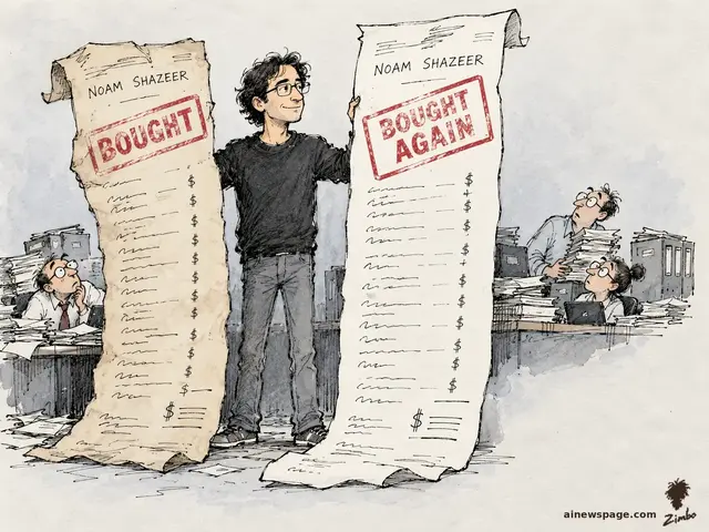 Editorial cartoon: a smiling researcher holds up two enormous purchase receipts stamped 'BOUGHT' and 'BOUGHT AGAIN', both headed 'NOAM SHAZEER', while office workers drown in paperwork behind him.