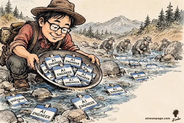 Satirical cartoon: a grinning 1849 gold-rush prospector kneels at a river panning a gold pan overflowing with blue 'AI ENGINEER' name badges instead of gold nuggets, while fellow prospectors pan the same badge-filled stream behind him.