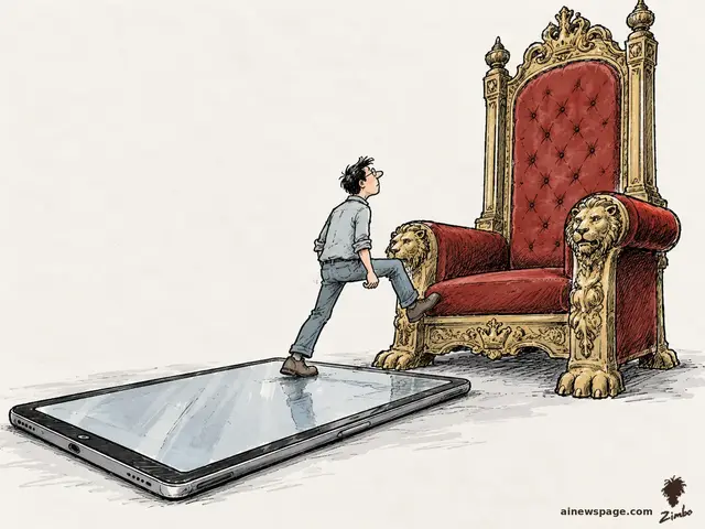Satirical cartoon: a young engineer steps off a giant flat-lying iPad and climbs onto an enormous lion-carved throne.