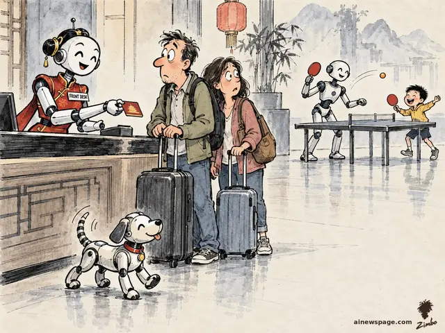 Satirical cartoon: a cheerful humanoid robot receptionist in a red outfit with a 'FRONT DESK' name tag hands a room card to a bewildered couple with suitcases, while a second robot plays ping-pong with a delighted kid and a small robot dog (Buddy) trots through the lobby.
