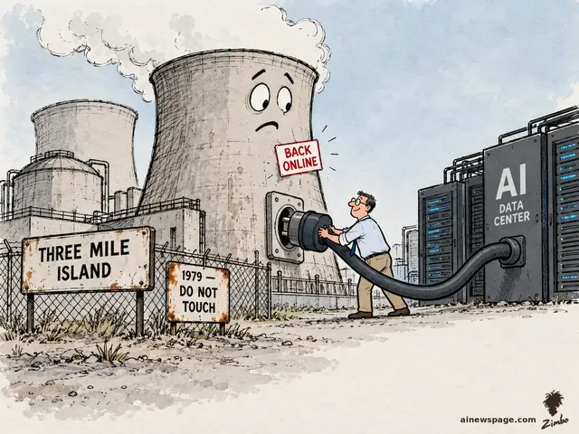 Satirical cartoon: a technician plugs a giant power cable from an anxious-faced Three Mile Island cooling tower — signs read THREE MILE ISLAND, 1979 — DO NOT TOUCH, plus a red BACK ONLINE tag — into an AI DATA CENTER server rack.