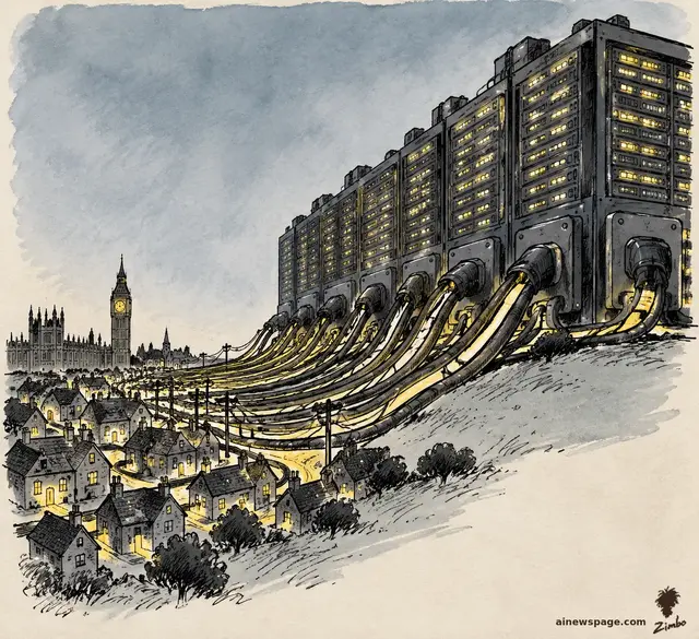 Satirical cartoon: a giant fortress-like data center with glowing server windows drains light through huge cables from a small London village, Big Ben on the skyline.