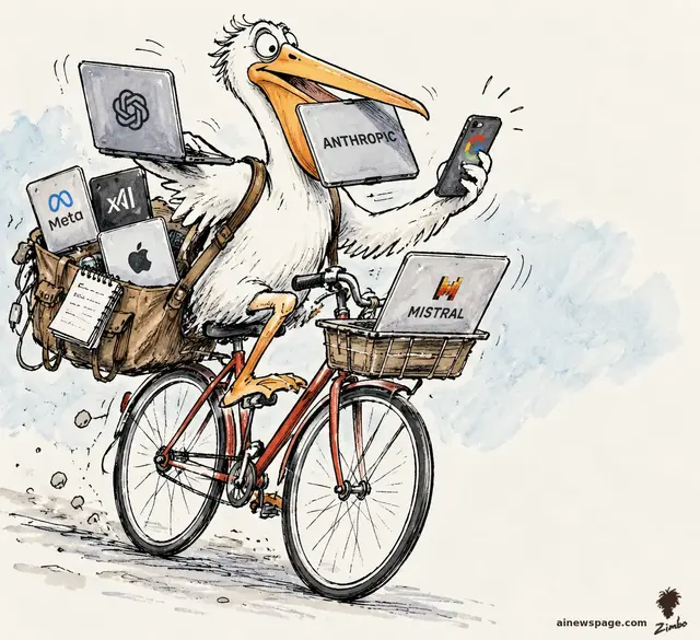 Satirical cartoon: a pelican rides a red bicycle while juggling laptops and phones emblazoned with AI-lab logos — OpenAI, Anthropic, Google, Meta, xAI, Apple, Mistral — in its beak, wings, basket, and saddlebag.