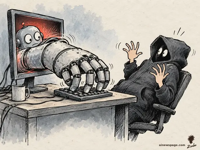 Satirical cartoon: a worried robot reaches a giant mechanical arm out of a red-glowing monitor to type on a keyboard while a hooded hacker recoils with hands raised.