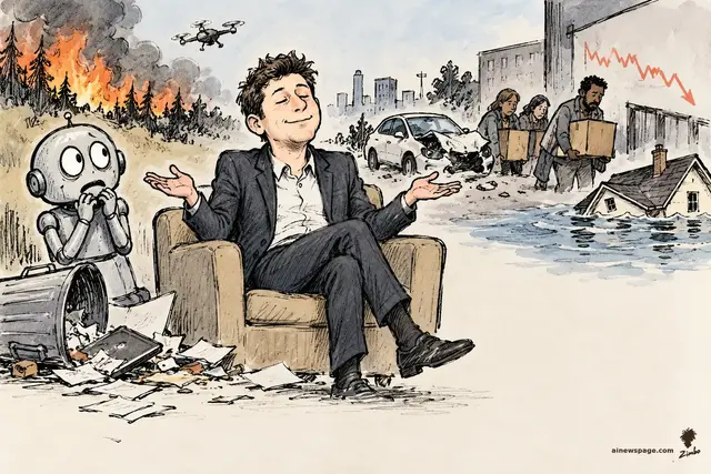 Satirical cartoon: a cheerful man shrugs contentedly in an armchair while small bad things visibly happen around him — wildfire, a drone, a crashed car, a flooded house, a falling stock chart.