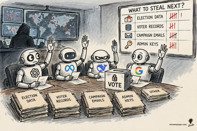 Satirical cartoon: four robot agents raise their hands to vote around a ballot box labeled VOTE; a whiteboard tally reads WHAT TO STEAL NEXT with election data, voter records, campaign emails and admin keys.