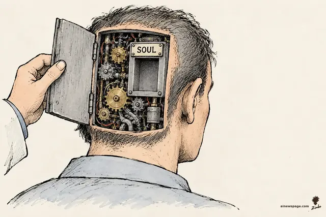 Satirical cartoon: a hand opens the back of a human head like a machine panel, revealing tiny gears and an empty slot labeled SOUL.