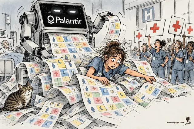 Satirical cartoon: a giant Palantir robot buries a human nurse in an avalanche of chaotic shift-schedule printouts while human nurses protest with red-cross signs behind her.