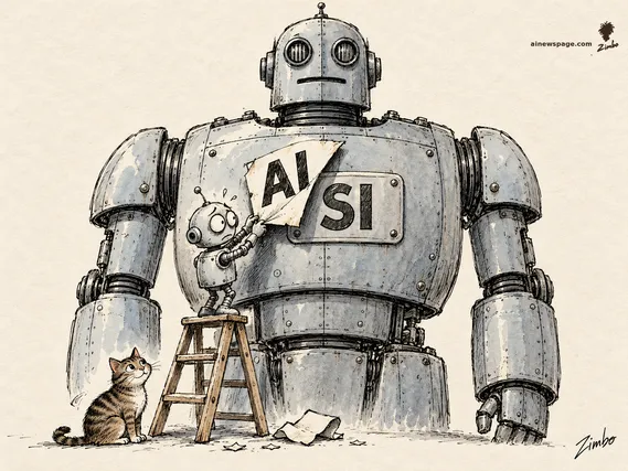 Satirical cartoon: a small worried robot on a stepladder peels an 'AI' sticker off a giant retro robot's chest plate, revealing 'SI' underneath, as a tabby cat watches.