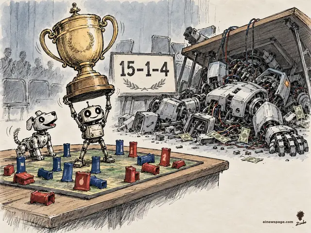 Satirical cartoon: a tiny scrappy robot hoists a giant gold trophy over a Stratego board marked 15-1-4 while the wrecked big-lab machine rig lies collapsed behind it, cash scattered; a robot dog cheers.
