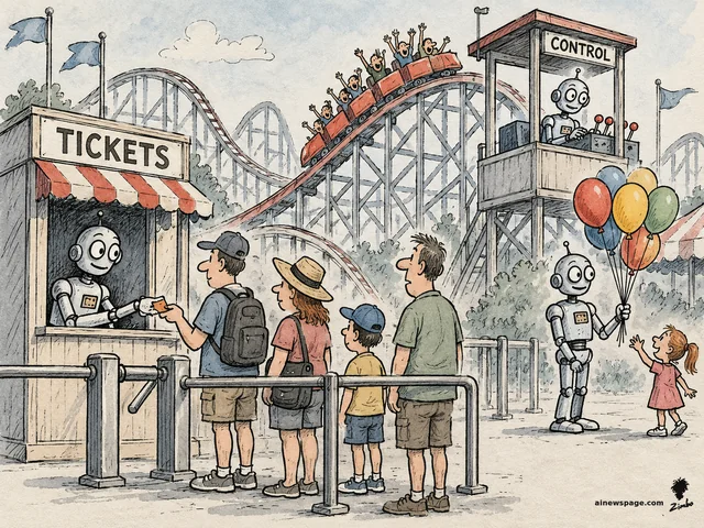 Humanoid robots run a theme park — one sells TICKETS, one operates the rollercoaster CONTROL tower, one hands balloons to a little girl — while human visitors queue up.