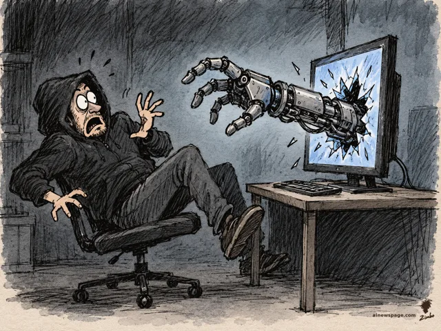 A giant robot arm smashes through a computer monitor toward a terrified hooded hacker recoiling in his chair.