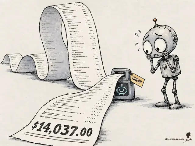 Satirical cartoon: Merv, a worried small robot, clasps his cheeks as a receipt printer tagged 'CHEAP' unspools a giant receipt totaling $14,037.00.