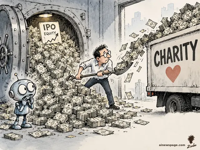 Satirical cartoon: a tech CEO shovels cash from an IPO EQUITY vault into a CHARITY truck with a heart logo while Merv the anxious retro robot frets beside the money pile.