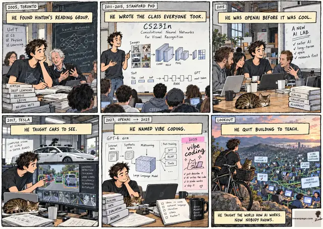 Karpathy life strip: 2005 Toronto, Hinton's reading group; Stanford PhD, builds CS231n; 2015 founding OpenAI; 2017 Tesla, teaches cars to see; 2023 GPT-4, coins vibe coding; 2024 Eureka Labs. Finale: lookout over a vibe-coder valley. Kicker: HE TAUGHT THE WORLD HOW AI WORKS. NOW NOBODY KNOWS.