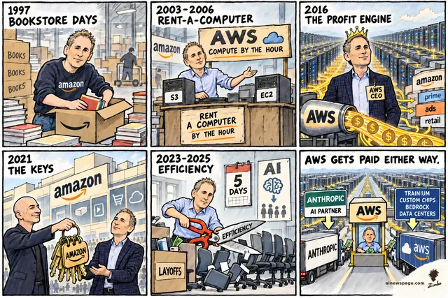 Jassy strip: 1997 packing books; 2003-2006 rent-by-the-hour AWS (S3/EC2); 2016 crowned AWS CEO, money flooding from data centers; 2021 Bezos hands him the keys; 2023-2025 efficiency scissors, layoffs box, RTO calendar; finale: AWS booth collecting cash. Kicker: AWS GETS PAID EITHER WAY.