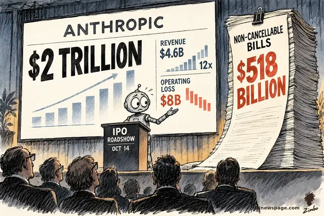 Satirical cartoon: worried robot Merv presents an ANTHROPIC $2 TRILLION IPO ROADSHOW slide (revenue $4.6B up 12x, operating loss $8B) while a gigantic stack of NON-CANCELLABLE BILLS $518 BILLION towers over the stage.