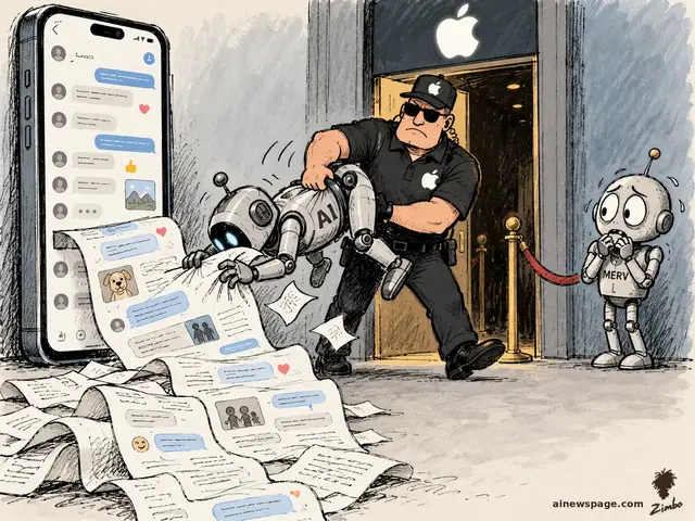 Satirical cartoon: an Apple-uniformed bouncer drags away an AI robot caught nose-deep in an endless scroll of text messages pouring from a giant iPhone, while a tiny worried robot labeled MERV sweats at the door.