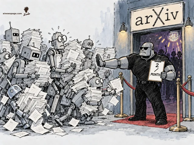 A robot bouncer at an arXiv nightclub door holds a clipboard reading 2 per MONTH while turning away robots buried under stacks of papers.