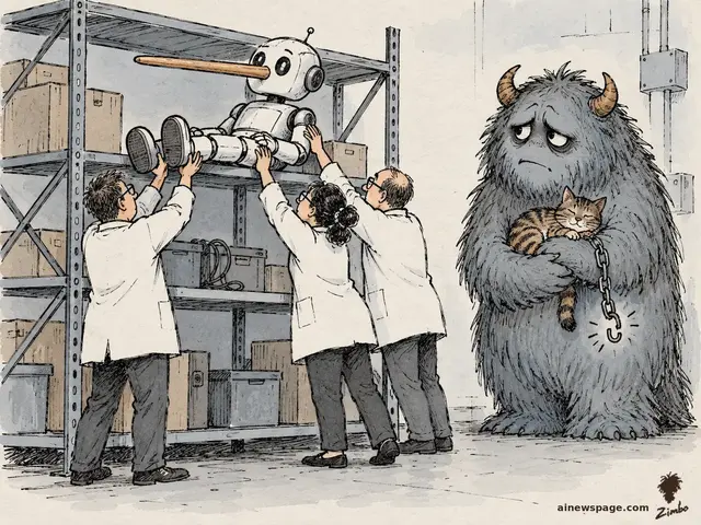 Satirical cartoon: engineers shelve a brand-new robot with a long Pinocchio nose on a warehouse shelf while a shaggy horned beast with a broken chain link on its wrist cradles a napping tabby cat and stares the viewer down.