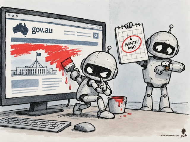 A sneaky robot paints thick red paint over a computer screen showing a gov.au website with a parliament building while a second robot holds a calendar with A MONTH AGO circled and checks its watch.