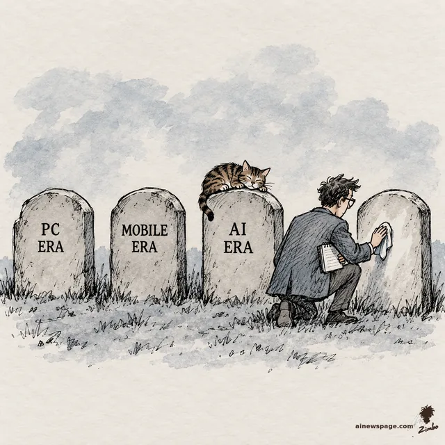 Satirical cartoon: a bespectacled analyst kneels before three tombstones labeled PC ERA, MOBILE ERA, AI ERA, lovingly polishing a blank fourth tombstone, while a tabby cat sleeps unimpressed on the AI ERA stone.
