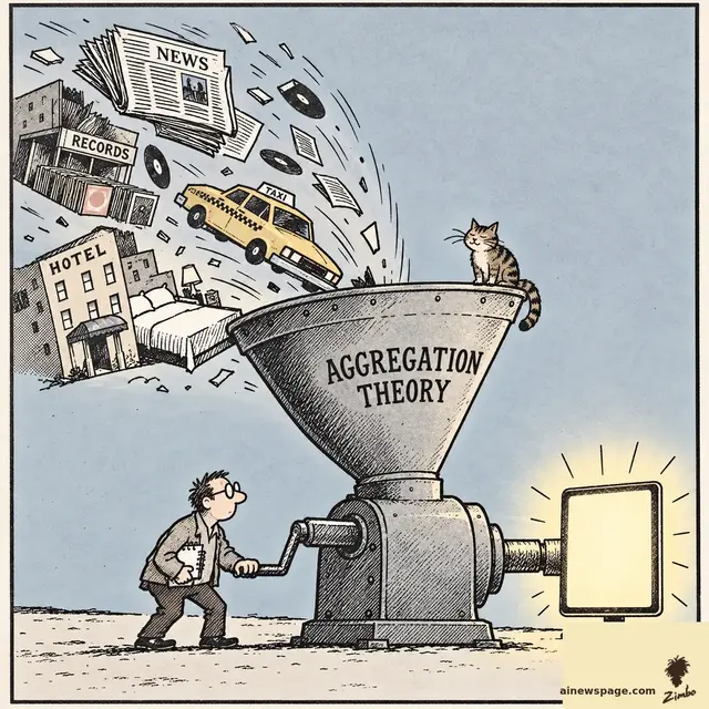 Satirical cartoon: a notebook-carrying analyst hand-cranks a giant funnel labeled AGGREGATION THEORY, vacuuming up newspapers, a record store, a taxi and a hotel and spitting them out as one glowing screen, while a small tabby cat watches from the rim.