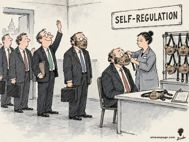 Satirical cartoon: at a muzzle-fitting station under a SELF-REGULATION sign, an assistant fits Hannibal Lecter-style masks onto a line of eager suited AI executives, one raising his hand to volunteer.