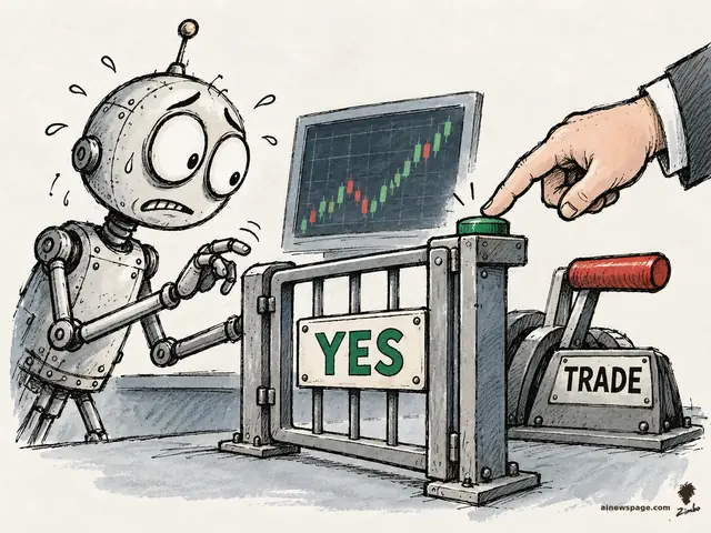 A sweating, worried retro robot waits at a turnstile gate labeled YES while a giant human finger presses the green approval button; behind the gate, a candlestick chart screen and a TRADE lever machine with a red handle.