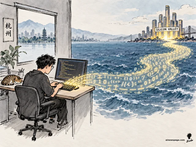 Satirical cartoon: a lone engineer types at a plain desk in a Hangzhou office while a glowing golden river of code pours from his keyboard across the ocean and flows into the illuminated skyscraper towers of Silicon Valley; a tabby cat naps on the desk.