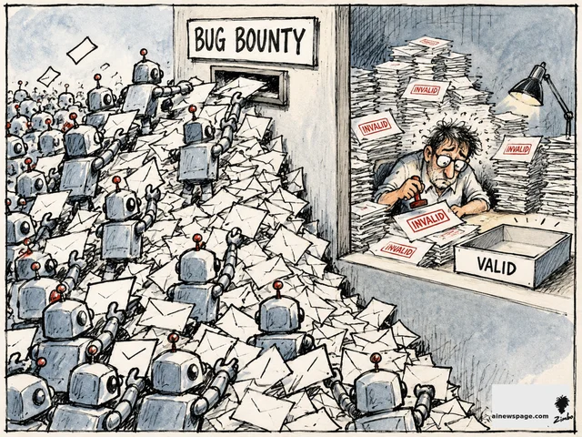 Satirical cartoon: an army of small robots shoves a mountain of envelopes into a tiny BUG BOUNTY mail slot while an exhausted engineer stamps each report INVALID beside an empty VALID bin.