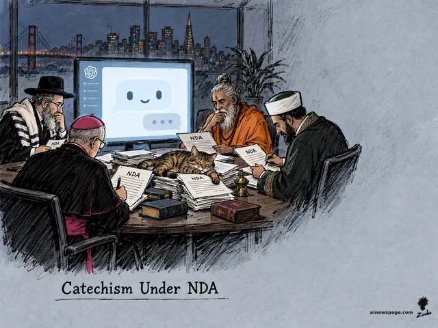 Satirical cartoon: four robed religious scholars — a rabbi, a bishop, a Swami, an imam — solemnly sign NDA documents around a table with a glowing chat window while the cat Issue naps on the paperwork.