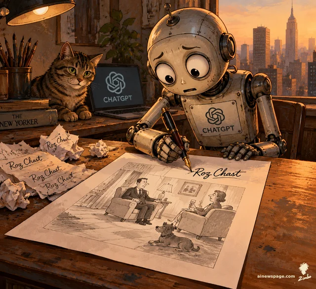 Satirical cartoon: an anxious retro robot wearing a ChatGPT logo leans over a wooden art desk at sunset, signing the pen name 'Roz Chast' in flowing script onto a finished New Yorker-style cartoon, while a tabby cat watches and crumpled practice scraps litter the desk.