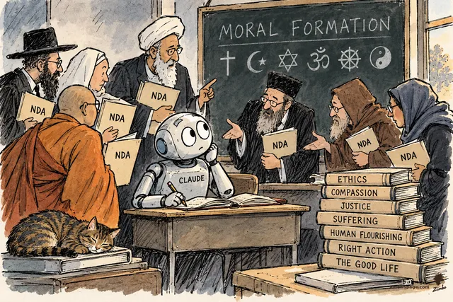 Satirical cartoon: a small robot labeled CLAUDE takes notes at a school desk while generic robed scholars holding NDA folders lecture around it; a chalkboard reads MORAL FORMATION, books read ETHICS, COMPASSION, JUSTICE, SUFFERING, HUMAN FLOURISHING, RIGHT ACTION, THE GOOD LIFE.