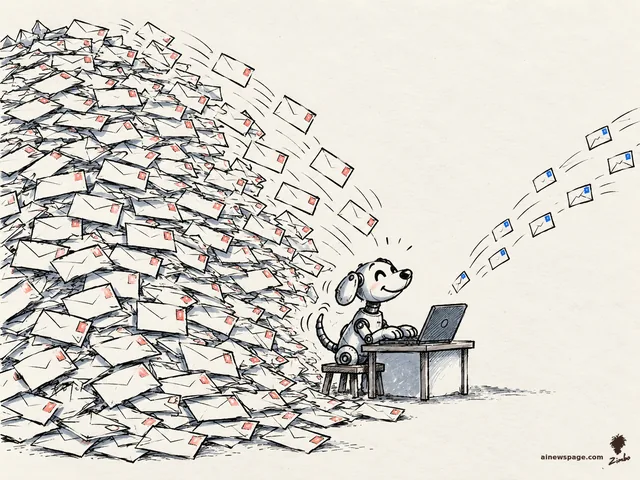 Satirical cartoon: Buddy the cheerful retro robot dog sits at a tiny desk typing under a mountain of thousands of outgoing cold-email envelopes, while a handful of tiny reply letters fly back toward him.