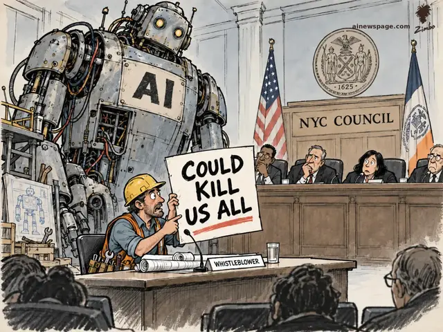 Satirical cartoon: a hard-hatted builder at a WHISTLEBLOWER witness table holds up a COULD KILL US ALL sign while pointing at the towering AI robot he built, as alarmed NYC Council members look on.
