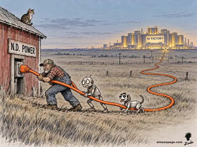 Satirical cartoon: a North Dakota farmer yanks a giant orange extension cord from his little barn signed N.D. POWER, while an anxious robot and a robot dog help haul it across the prairie and plug it straight into a towering glowing AI FACTORY on the horizon. A tabby cat watches from the barn roof.