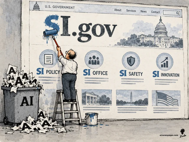 A government clerk on a stepladder paints SI over AI on a giant U.S. government homepage, turning AI.gov into SI.gov; a trash bin labeled AI overflows with discarded A letters.