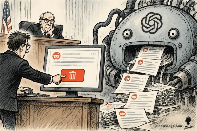 Satirical cartoon: in a courtroom, a lawyer presses a giant red DELETE button on a screen showing a Reddit post while a giant machine bearing the OpenAI knot logo spews endless paper copies of the very post being deleted.