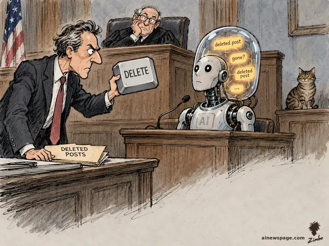 Satirical cartoon: in a courtroom, a lawyer holds up a giant DELETE key over a DELETED POSTS folder while a robot witness with a transparent dome head still glows with the words 'deleted post' and 'gone?'; a tabby cat watches from the jury box.