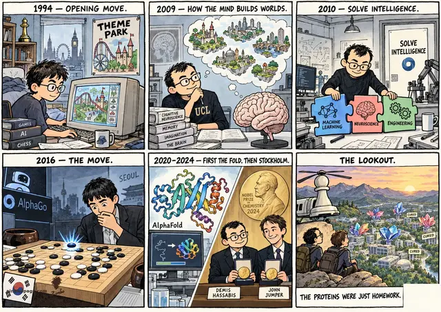 Six-panel strip: Demis Hassabis — 1994 Theme Park teen, 2009 UCL PhD, 2010 DeepMind SOLVE INTELLIGENCE, 2016 AlphaGo stuns Lee Sedol, 2024 Nobel with John Jumper — finale THE LOOKOUT: chess-pawn helicopter over labs blooming with protein-flowers, CURED signs. Kicker: THE PROTEINS WERE JUST HOMEWORK.