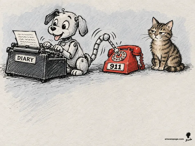 Satirical cartoon: Buddy, a cheerful robot dog, types a woman's diary confessions into a stenographer machine labeled DIARY while his wagging tail dials a big red 911 phone; the knowing tabby cat Issue watches.